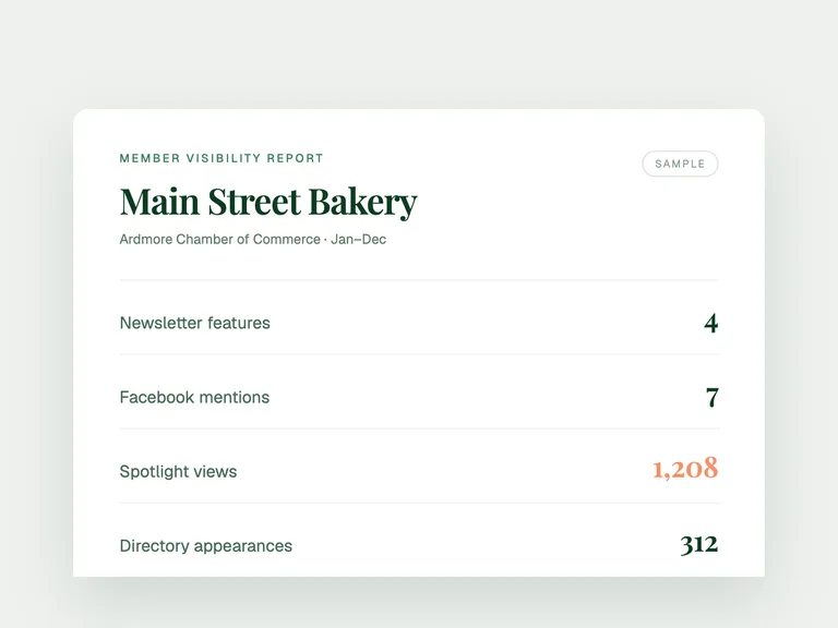 A sample Member Visibility Report listing newsletter features, mentions and Spotlight views for one business