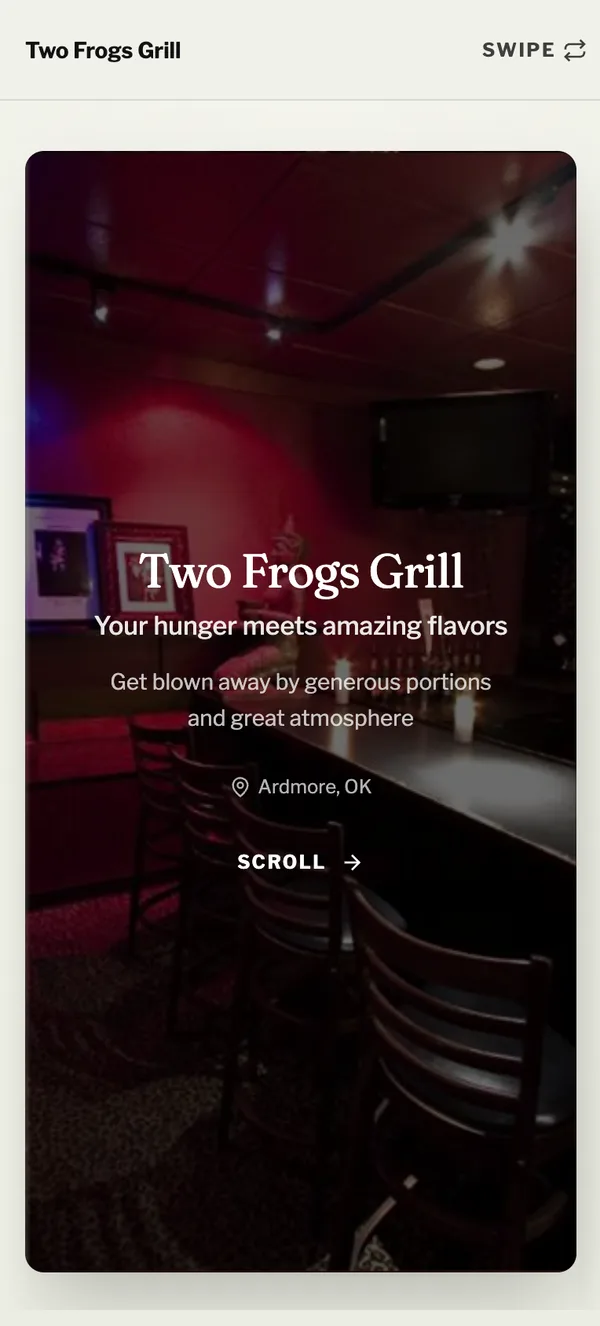 A Member Spotlight Page for Two Frogs Grill on a phone
